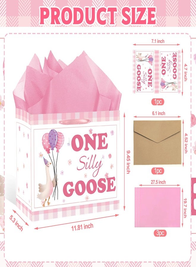 RTMISA One Silly Goose Birthday Gift Bag with Tissue Paper and Greeting Card for One Year Old Girl First Birth Day Party Decorations Supplies - Image 2